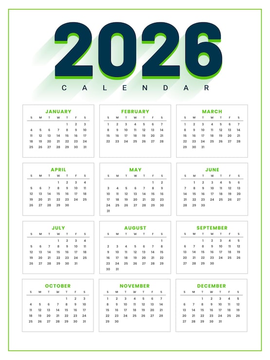 Calendrier simple 2026 nouvel an, mise en page blanche