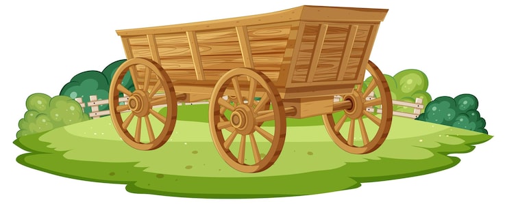 Vecteur gratuit un chariot en bois dans un champ vert