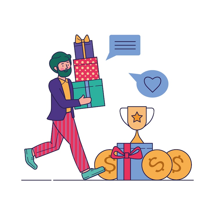 Vecteur gratuit client recevant des cadeaux en illustration vectorielle de programme bonus
