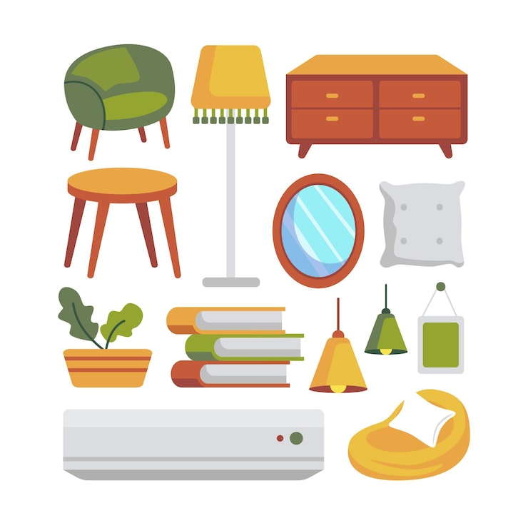 Vecteur gratuit collection de meubles d'éléments de design d'intérieur maison en style cartoon illustration vectorielle