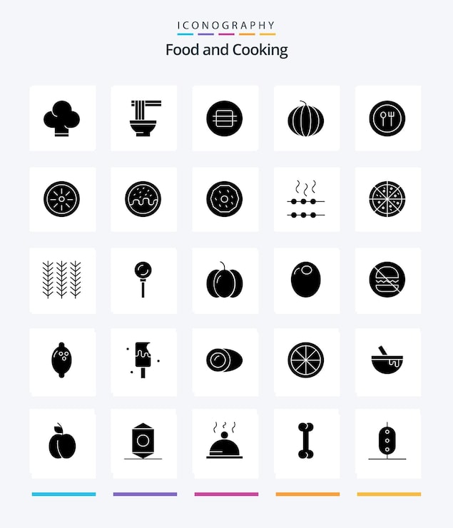 Vecteur gratuit creative food 25 glyph solid black icon pack tels que la nourriture au couteau manger de la nourriture à la pastèque