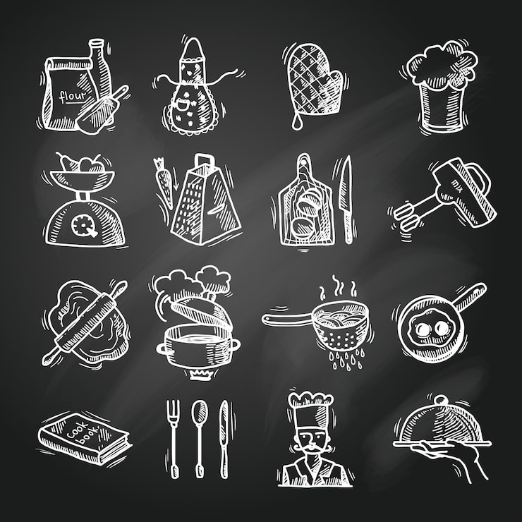 Vecteur gratuit croquis d'icônes de cuisine