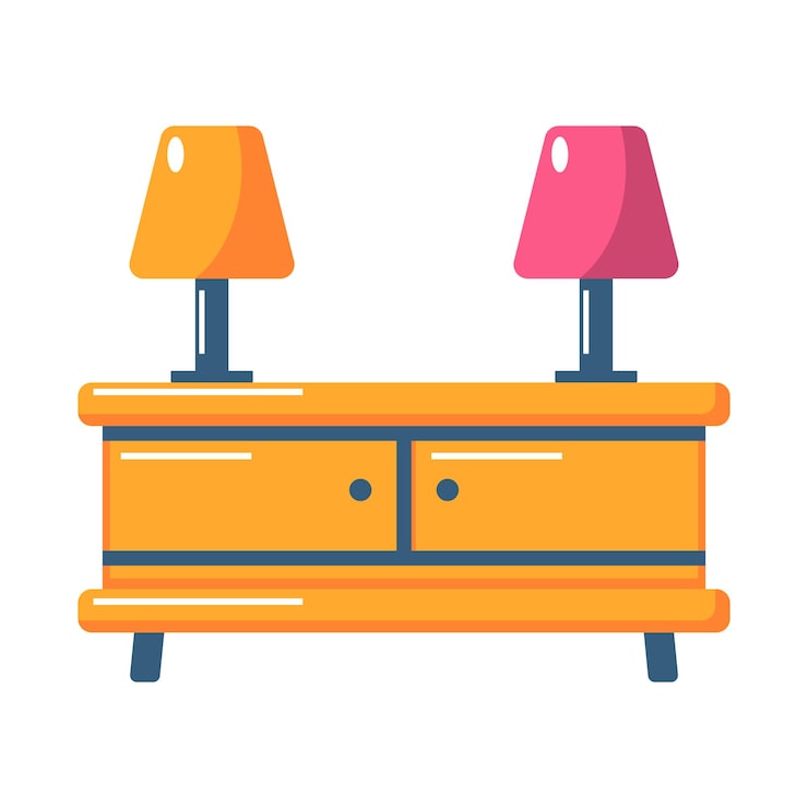 Vecteur gratuit deux lampes sur une table console en bois moderne aux lignes épurées