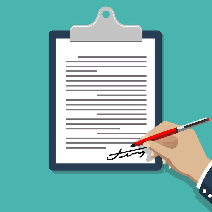 Vecteur gratuit document de signature à la main. homme écrivant sur l'illustration de document de contrat papier.