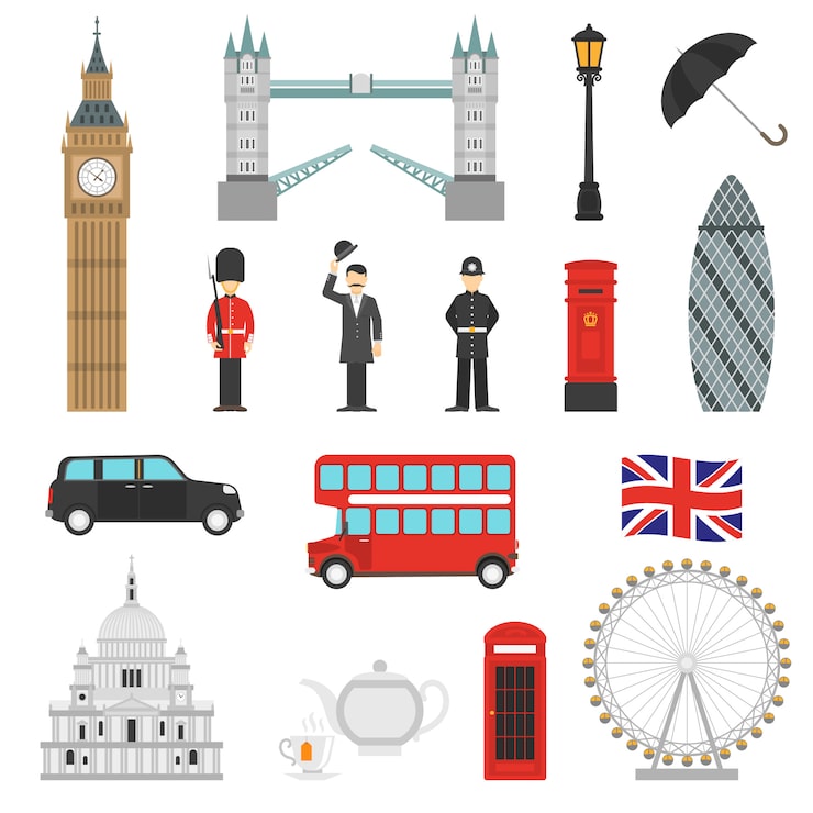 Ensemble d'icônes plat de monuments de Londres