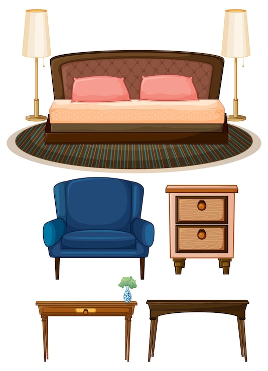 Vecteur gratuit ensemble d'objets de chambre sur fond blanc