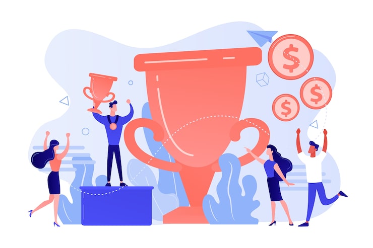 Vecteur gratuit gagnant du concours tenant le trophée d'or et la médaille. leadership et réalisation