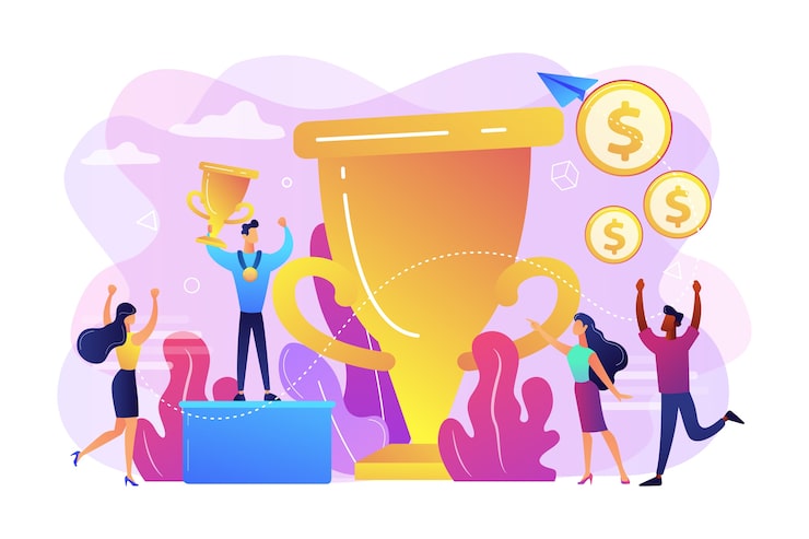Vecteur gratuit gagnant du concours tenant le trophée d'or et la médaille. leadership et réussite. cagnotte, distribution de prix, concept de prix principal du tournoi.