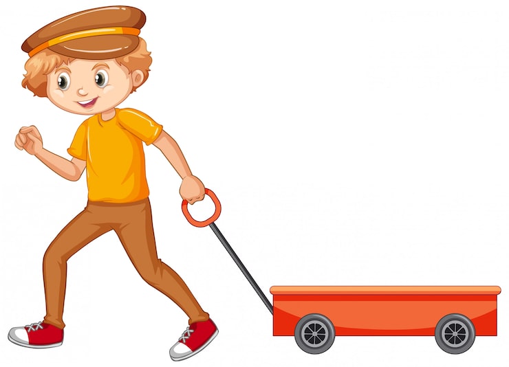 Vecteur gratuit garçon en chemise jaune tirant le chariot