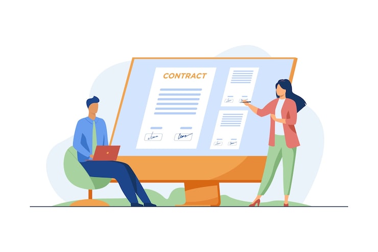 Vecteur gratuit les gens d'affaires signent un contrat en ligne. partenaires apposant des signatures pour documenter sur l'illustration vectorielle plane du moniteur. internet, commerce mondial
