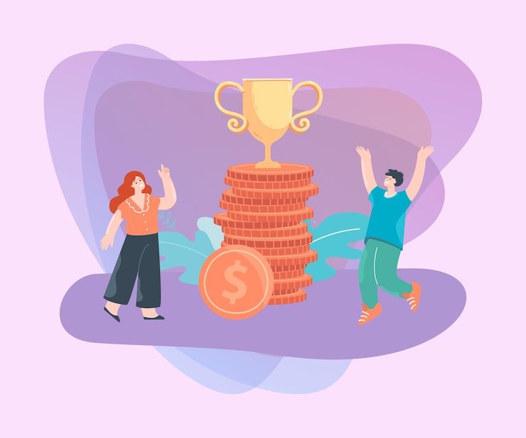 Vecteur gratuit un homme et une femme heureux et un trophée en or sur une pile de pièces.