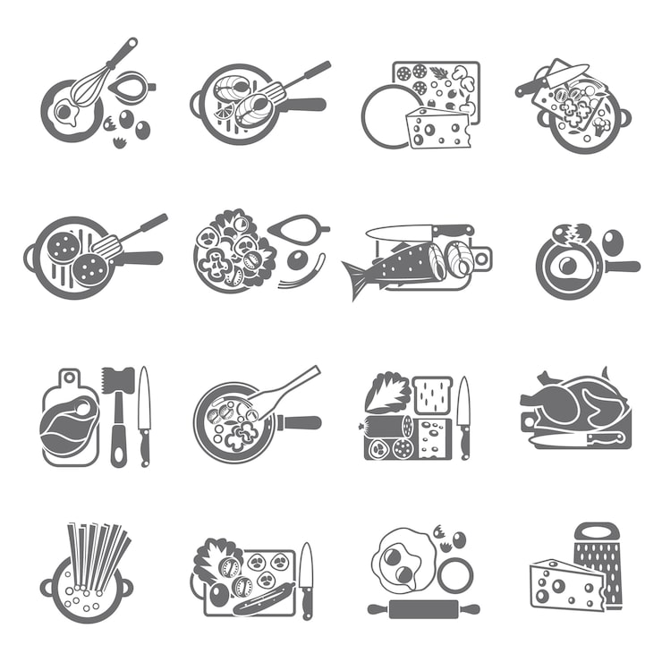 Vecteur gratuit icônes plats concept cuisine maison saine sertie de légumes et de plats de poisson