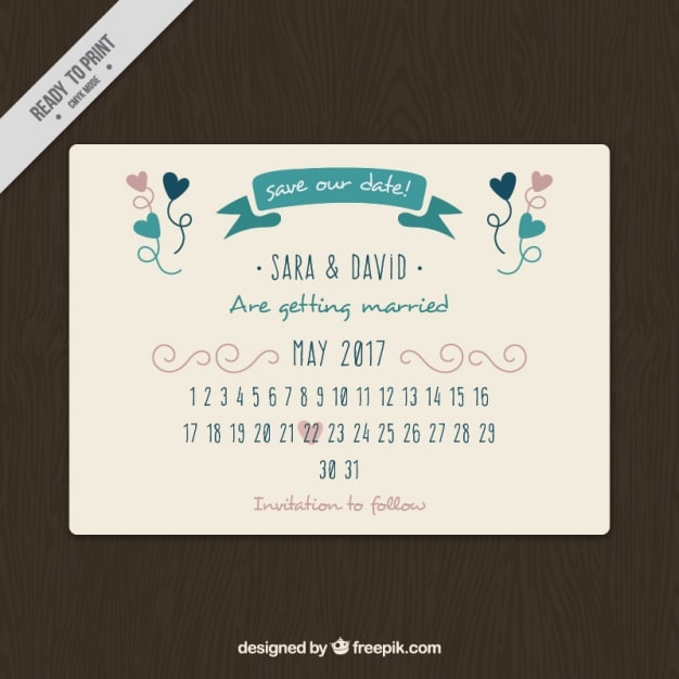 Vecteur gratuit jolie carte de mariage avec le calendrier