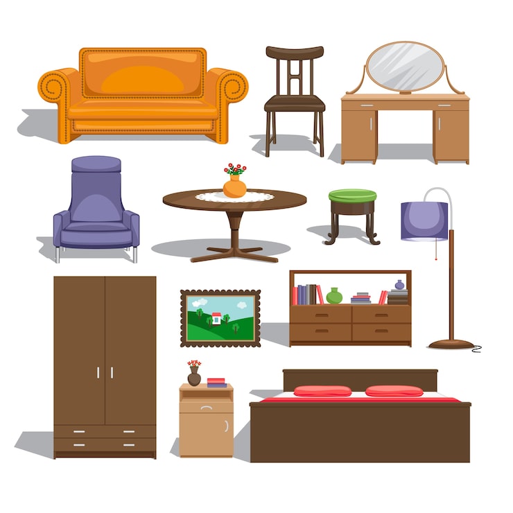 Vecteur gratuit meubles pour chambre à coucher. lampe et table, chaise et tableau, commode et armoire, lit double et canapé, table et intérieur.