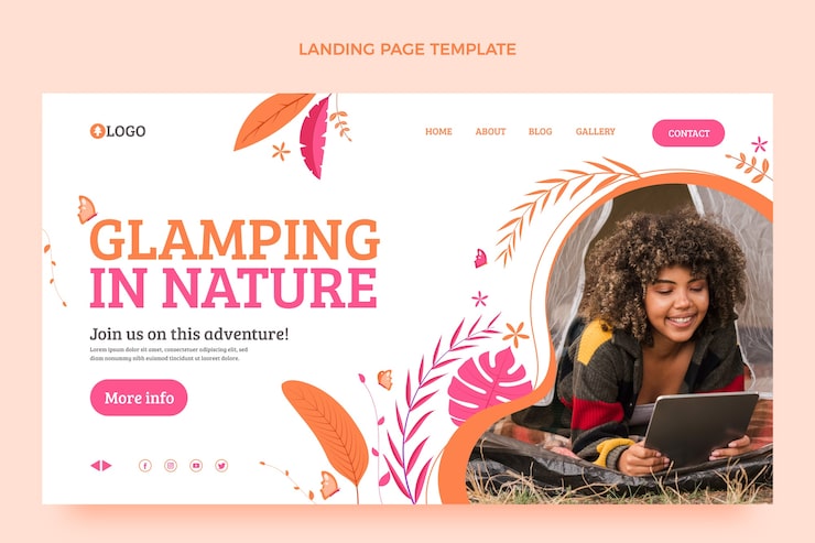 Vecteur gratuit modèle de page de destination glamping design plat