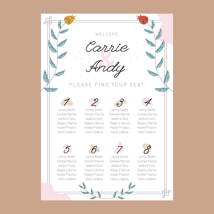 Vecteur gratuit modèle de plan de table de mariage dessiné à la main