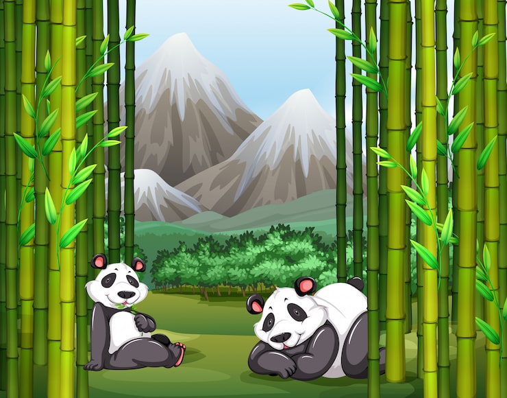 Vecteur gratuit pandas et forêt de bambous