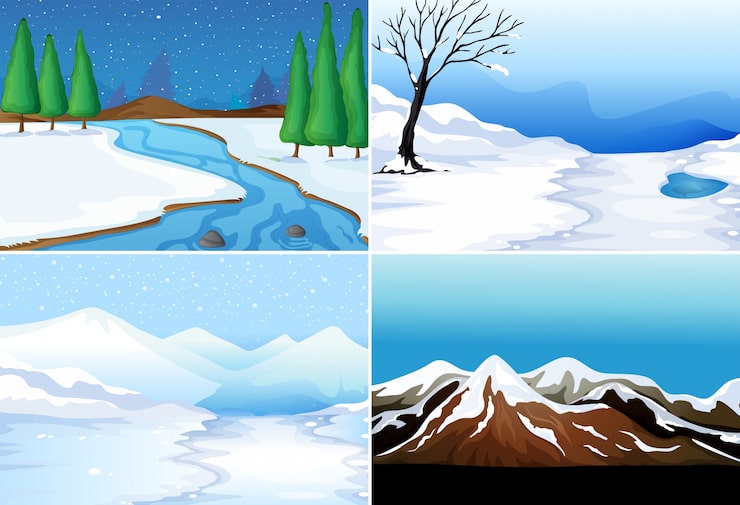 Vecteur gratuit quatre scènes de saison hivernale