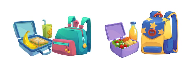 Vecteur gratuit sac à l'école et boîte à déjeuner isolés sur blanc