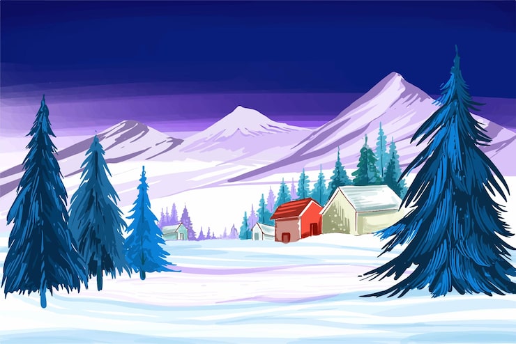 Vecteur gratuit scène de noël avec des maisons couvertes de neige à l'arrière-plan du paysage