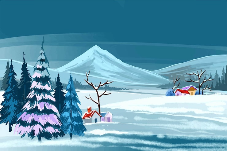 Vecteur gratuit scène de noël avec un paysage couvert de neige en arrière-plan