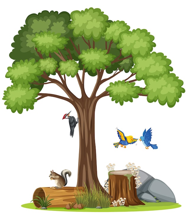Vecteur gratuit scène avec des oiseaux volant près de l'arbre
