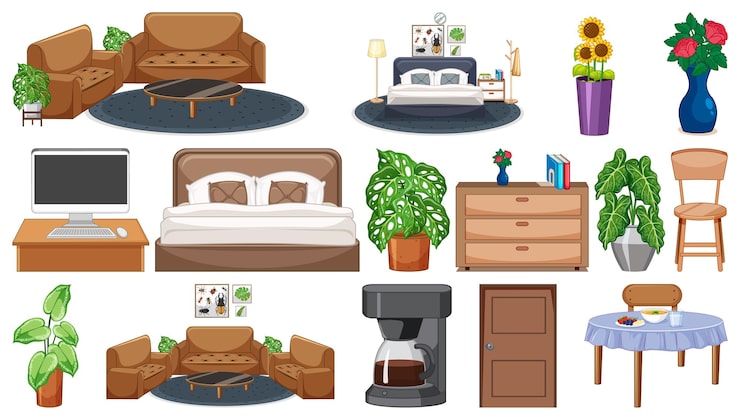 Vecteur gratuit set de meubles et de décorations intérieures