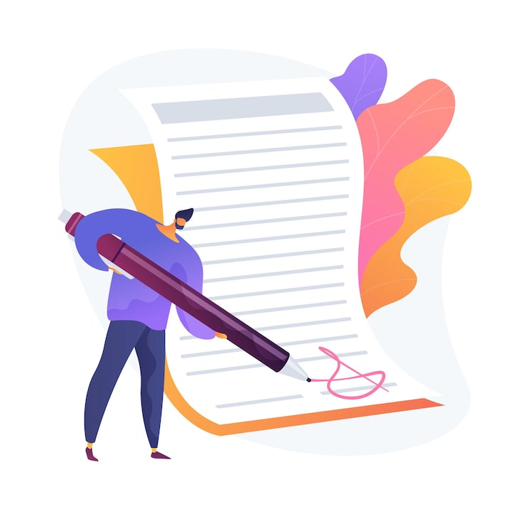 Vecteur gratuit signature de contrat. confirmation de transaction, signature de document officiel, déclaration commerciale. employé de bureau faisant la paperasse, la bureaucratie et l'idée de formalités.