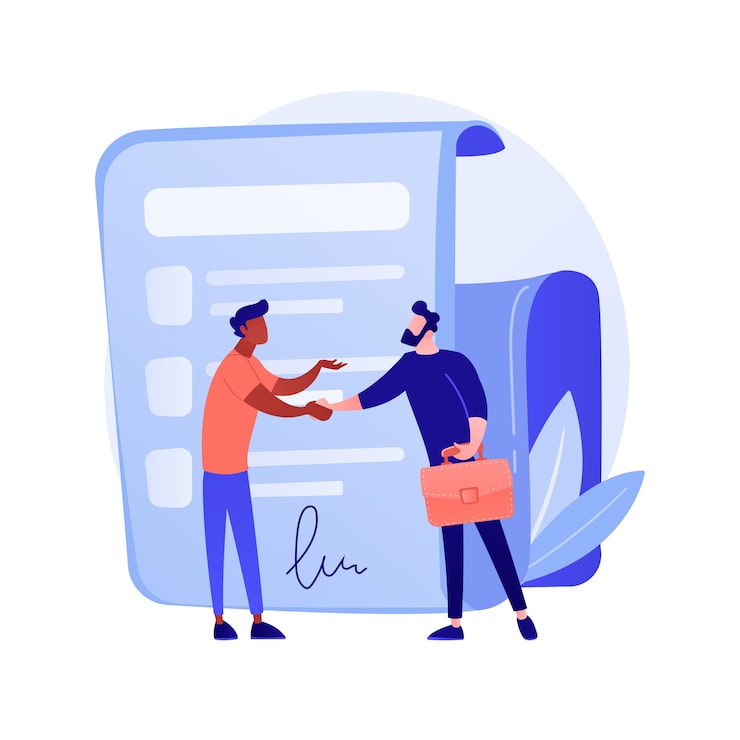 Vecteur gratuit signature du contrat. document officiel, accord, engagement de transaction. personnages de dessins animés d'hommes d'affaires se serrant la main. contrat juridique avec illustration de concept de signature