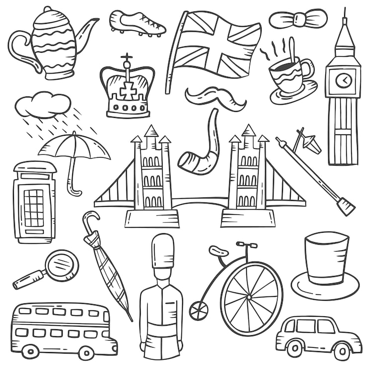 Angleterre concept doodle ensemble de collections dessinées à la main avec illustration vectorielle de contour style noir et blanc