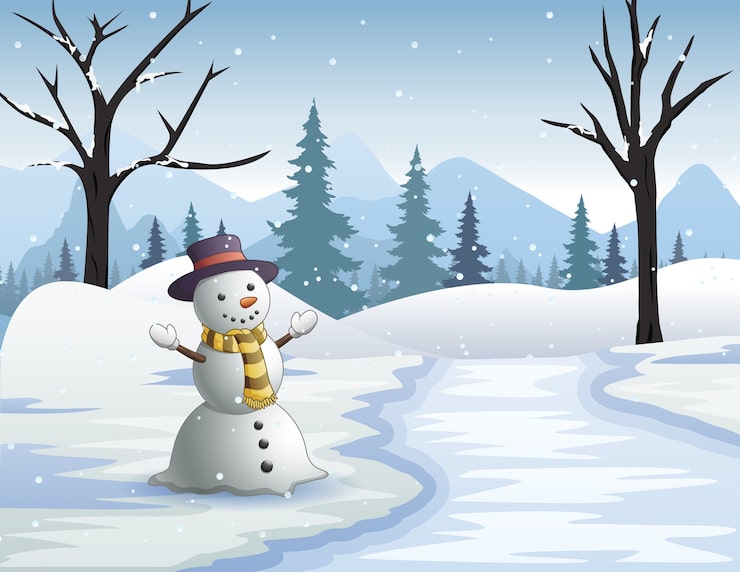 Vecteur bonhomme de neige heureux par une rivière gelée dans la forêt enneigée