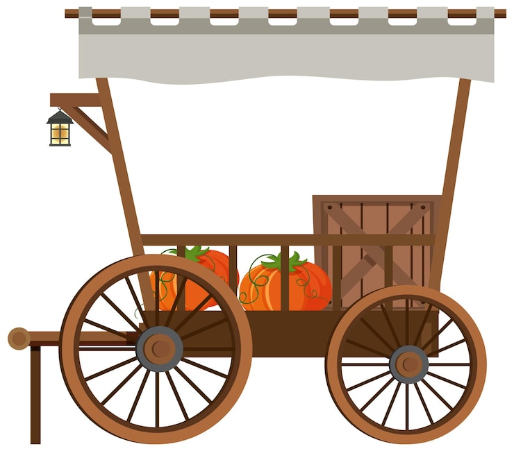 Vecteur chariot médiéval en bois avec citrouilles