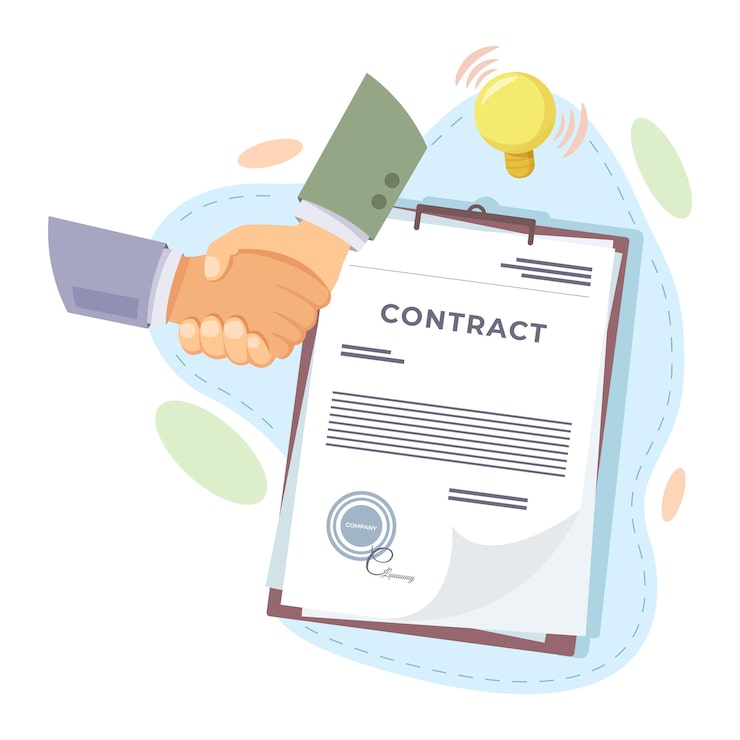 Vecteur contrat et poignée de main d'affaires