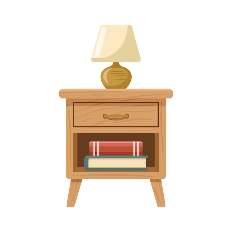 Vecteur élégante table de chevet en bois avec des livres et une lampe de table