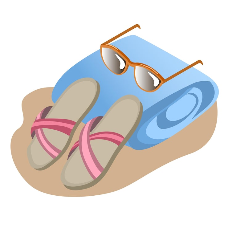 Vecteur ensemble de chaussons de plage à rayures roses, serviette de plage bleue et lunettes de soleil, isolés sur fond blanc
