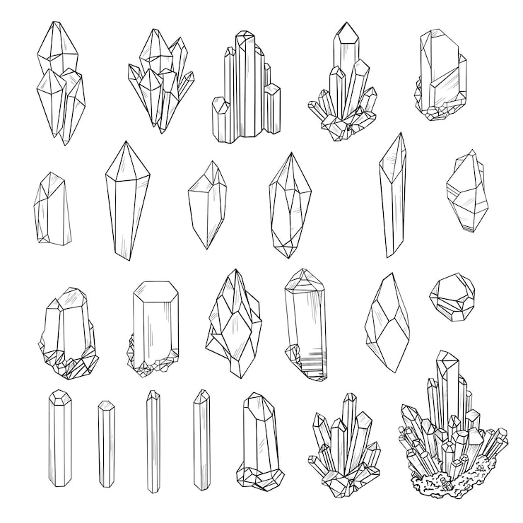 Vecteur ensemble de cristaux géométriques de contour noir illustration vectorielle isolée sur fond blanc