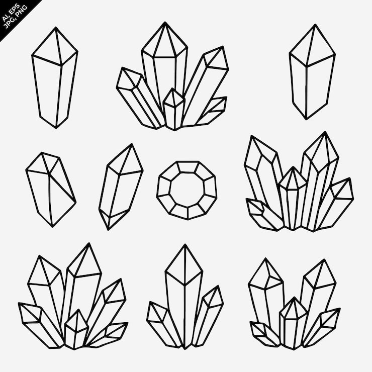 Vecteur un ensemble d'illustrations de cristaux et de pierres précieuses délimitées dans l'art de la ligne noire