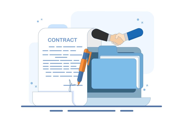 Vecteur illustration du concept de transaction commerciale avec contrat et document de signature