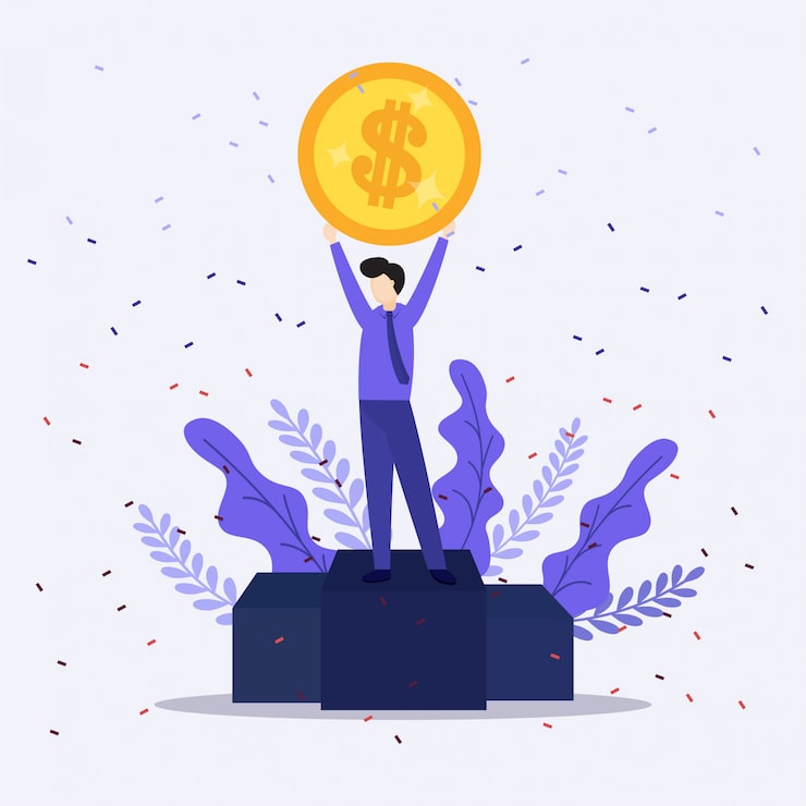 Vecteur illustration d'homme d'affaires heureux célèbre le succès debout sous l'argent pluie billets en espèces tombant sur fond bleu.