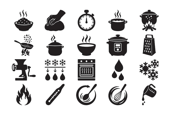 Vecteur lot d'icônes d'aliments et d'ustensiles de cuisine représentant des appareils ménagers.