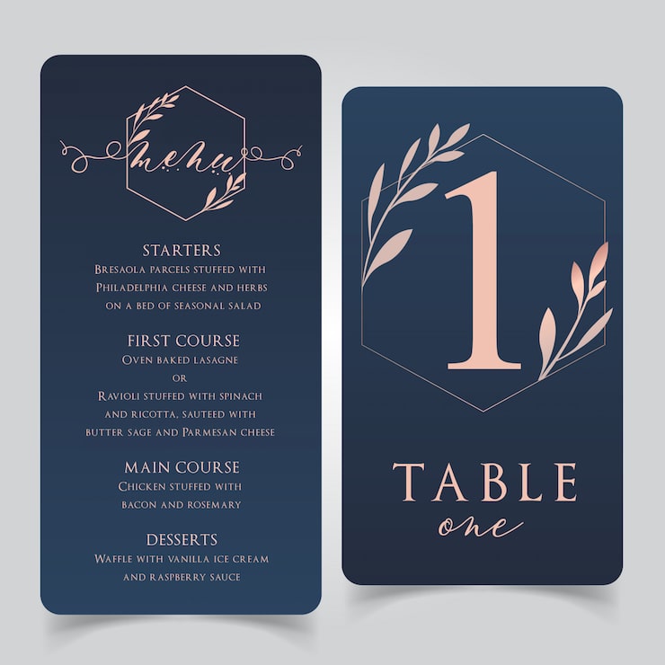 Vecteur menu de nourriture de mariage bleu marine et or rose avec numéros de table