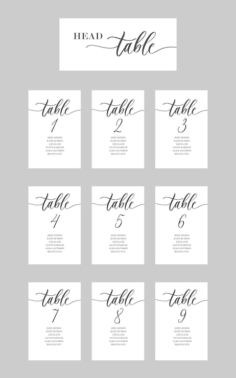 Vecteur modèle de cartes de sièges pour invités de calligraphie de mariage avec chiffres et lettrage