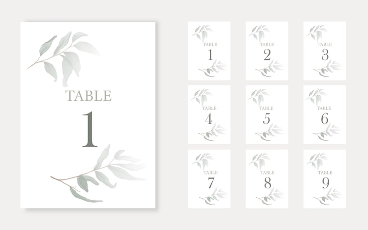 Vecteur modèle de numéro de table de mariage avec des feuilles vertes aquarelles