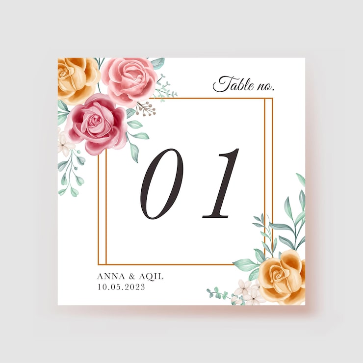 Vecteur numéro de table aquarelle fleur rose jaune