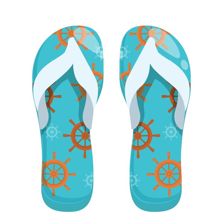 Vecteur une paire de tongs bleus avec des roues de direction de navire montrant le concept d'été et de vacances
