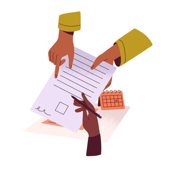 Vecteur partenaires commerciaux mains signant des documents homme d'affaires signe un contrat papier les gens écrivent un résumé de la signature du pack de conclusion de l'accord d'entreprise illustration vectorielle isolée sur fond blanc