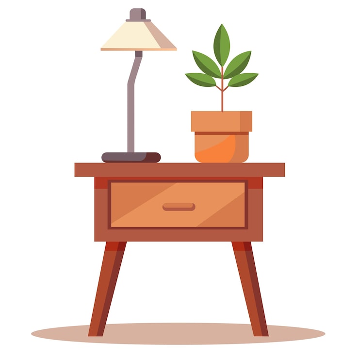 Vecteur table de chevet de dessin animé avec illustration de lampe et de plante en pot sur fond blanc