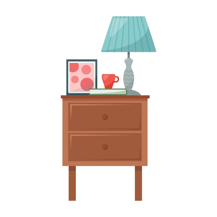 Vecteur table de chevet avec lampe, livre, tasse, photo, illustration vectorielle