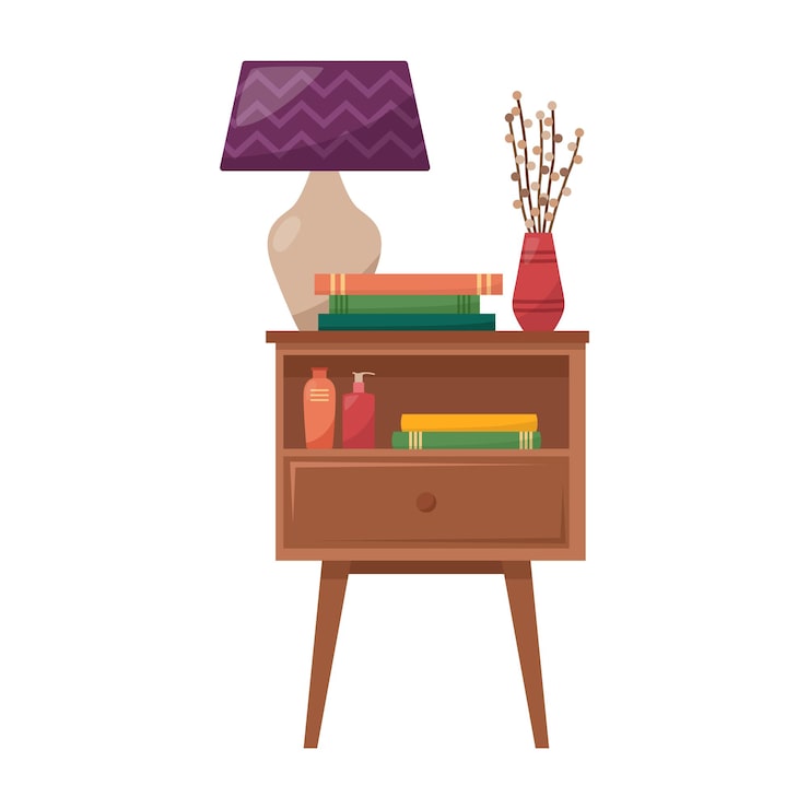 Vecteur table de chevet avec lampe, livres, vase avec fleurs séchées, crème pour les mains et le visage, illustration vectorielle