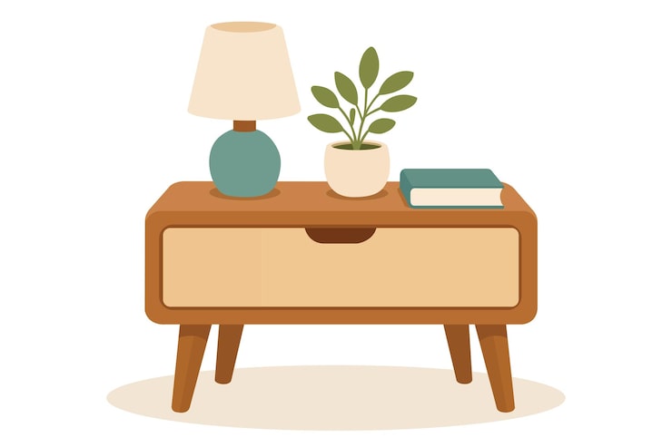 Vecteur table de chevet moderne en bois avec lampe et livre